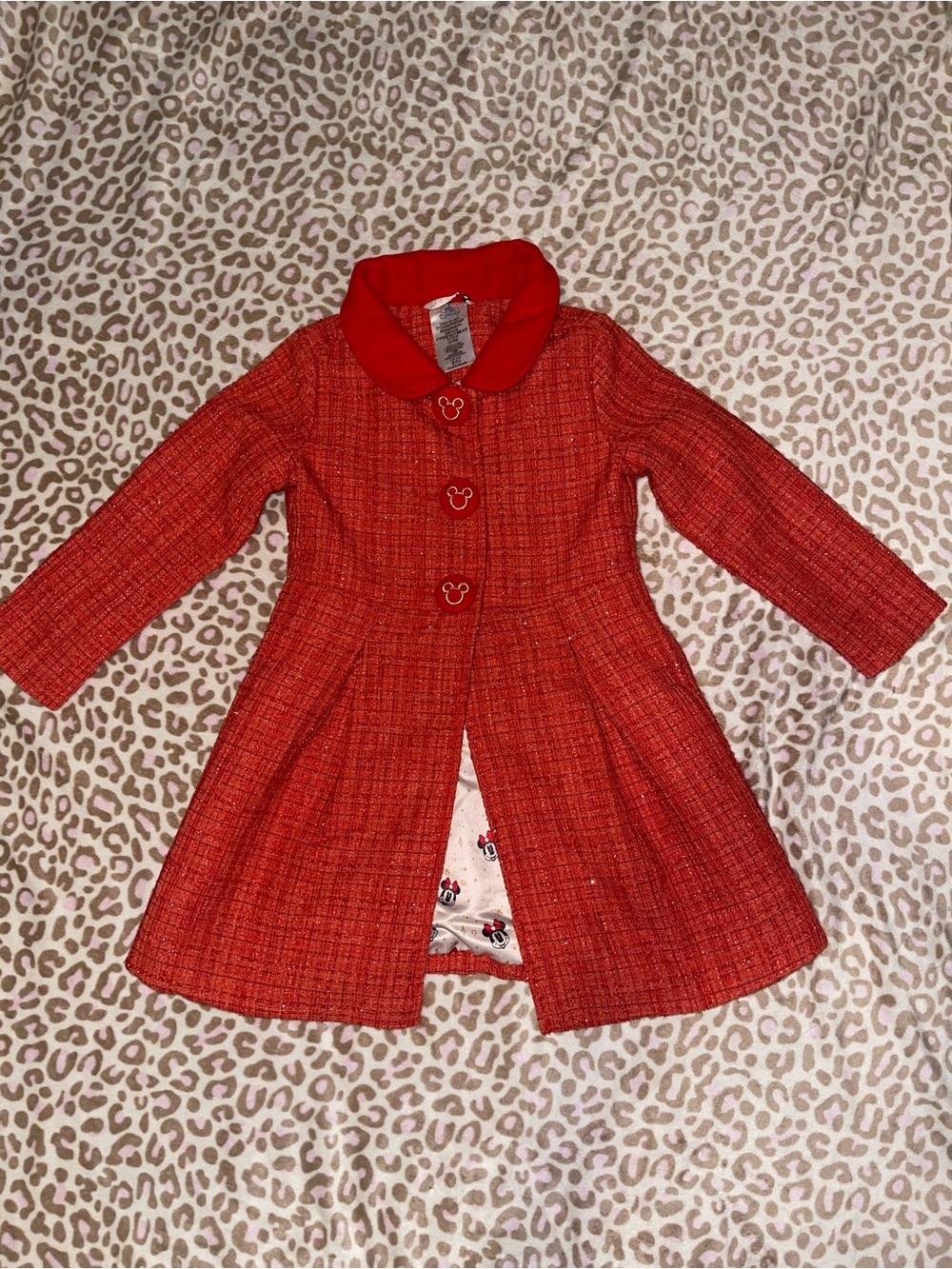 Vintage Disney Red sparkly Tweed Pea Coat with Minnie inside print size 4